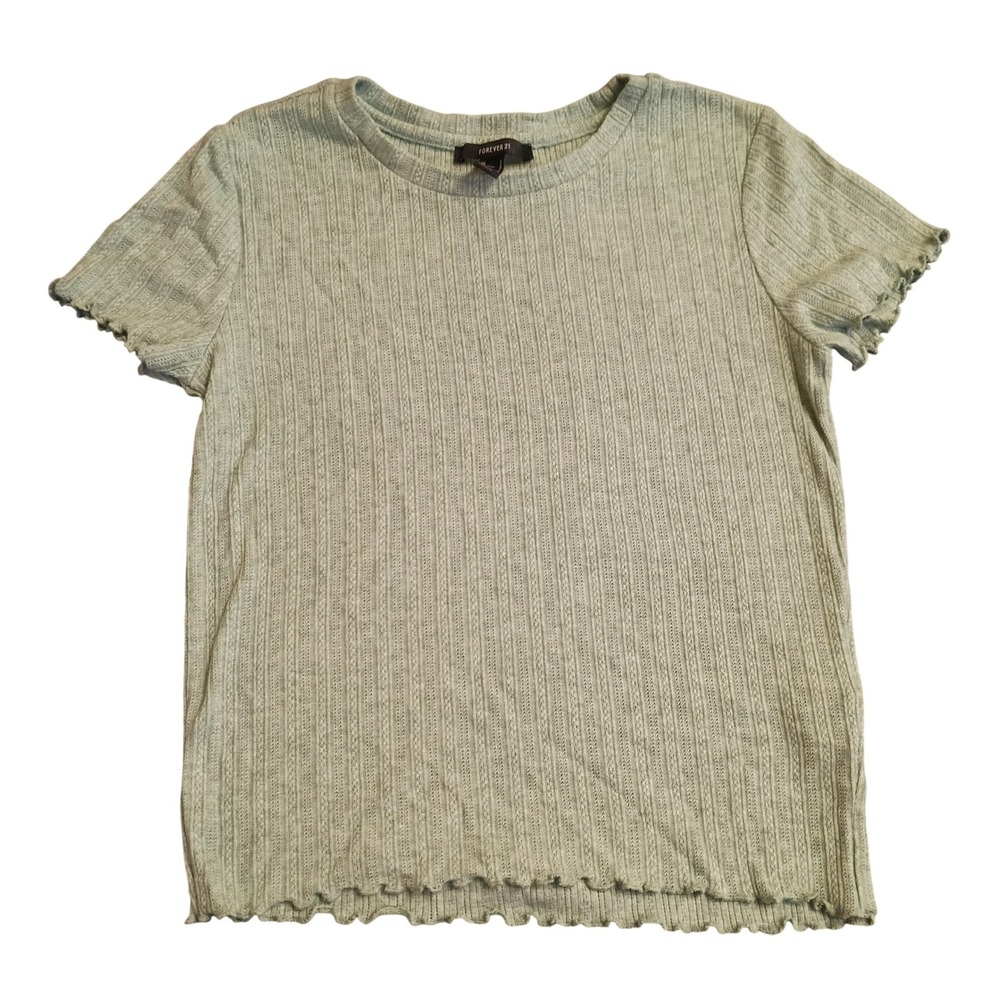 Forever 21 Ribbed Pointelle Top Womens L Sage Green Lettuce Edge Short Sleeve
